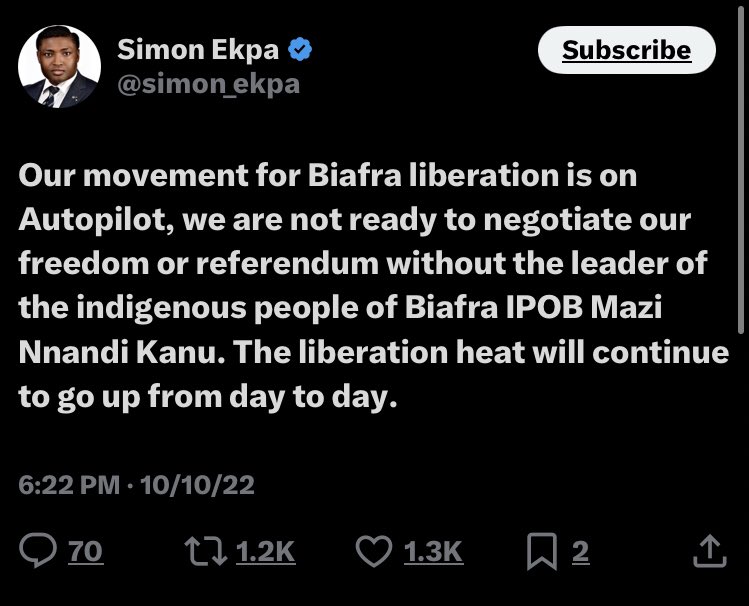TruthfullEra's tweet photo. I hope they now understand what prime minister @simon_ekpa means when he said “the struggle is now in AUTOPILOT” fews weeks after Nigerians were jubilating over MNK abduction from Kenya ?

Have the detention of Simon Ekpa quench this fire of Biafra in us ?

#NoBlinking !! https://t.co/c58Xkdyknv