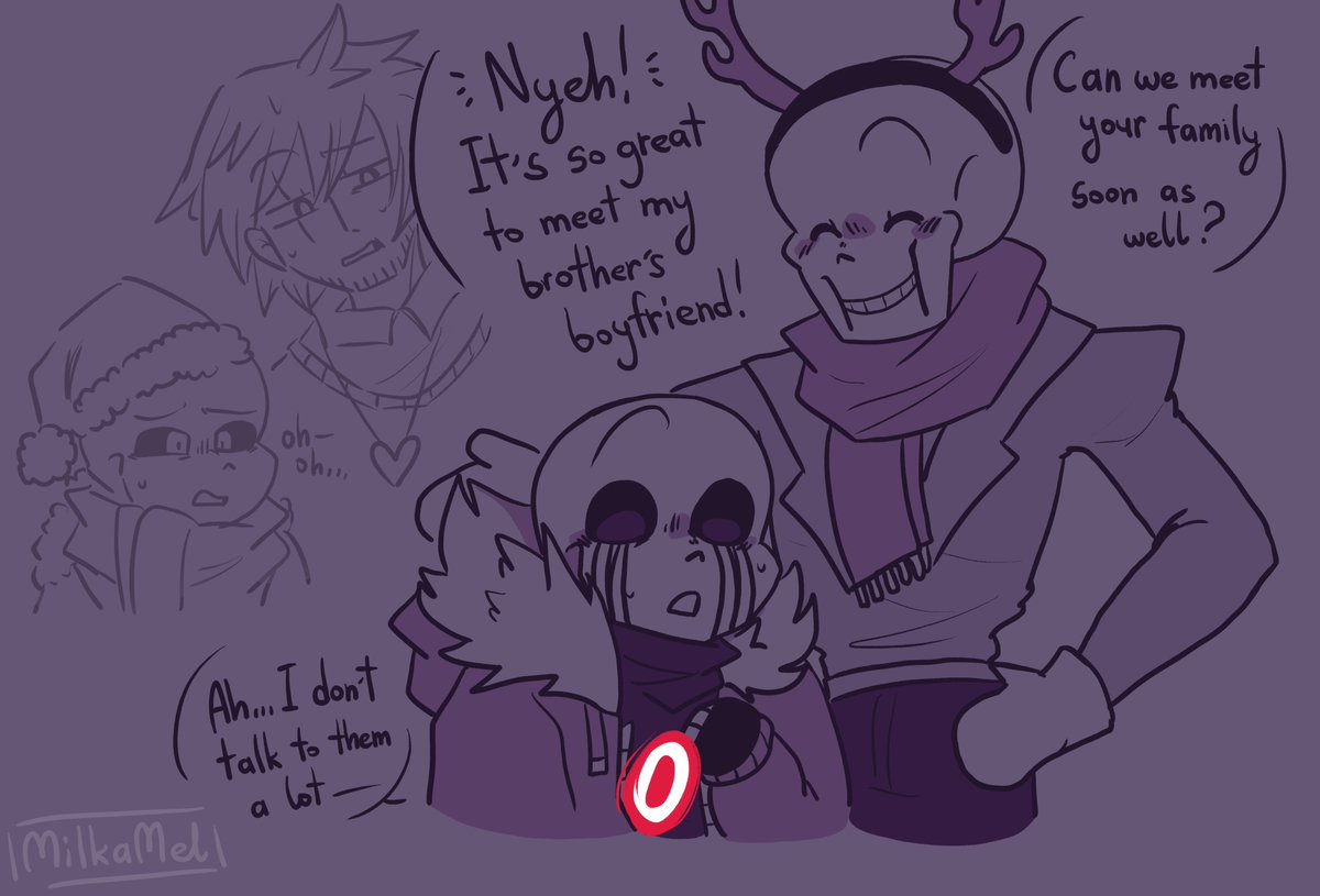 milkamel_'s tweet image. Tumblr ask: "Kross ship Idea
Cross introduces Killer to his Family/Xtale crew during the holiday season"
This sounded cute so I made a small comic about this!
I love Xtale and I took this as an opportunity to draw them lol &amp;lt;3
#crosssans #killersans #kross