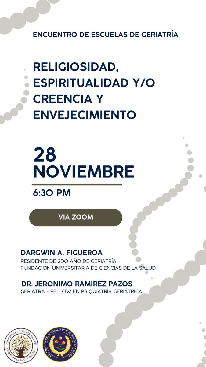 Estimados amigos de la <a href="/ACGG_CO/">ACGG</a> , nos complace invitarlos a participar en nuestro próximo webinar, parte del Encuentro de Escuelas de Geriatría, con la participación de la Fundación Universitaria de Ciencias de la Salud.

 us02web.zoom.us/webinar/regist…