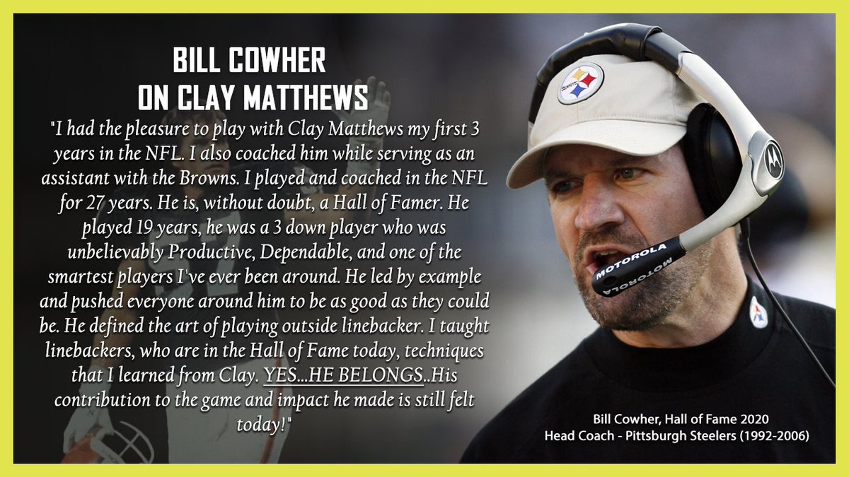 Jennifer Matthews (@jennmatthews57) on Twitter photo My dad, Clay Matthews, who played 19 years & holds the record for most games played by an LB in NFL History, has made the first 3 cuts for the <a href="/ProFootballHOF/">Pro Football Hall of Fame</a> Class of 2025. Here’s the legendary, talented Hall of Famer, <a href="/CowherCBS/">Bill Cowher</a> , talking about why he deserves to be inducted. My dad, Clay Matthews, who played 19 years & holds the record for most games played by an LB in NFL History, has made the first 3 cuts for the <a href="/ProFootballHOF/">Pro Football Hall of Fame</a> Class of 2025. Here’s the legendary, talented Hall of Famer, <a href="/CowherCBS/">Bill Cowher</a> , talking about why he deserves to be inducted.