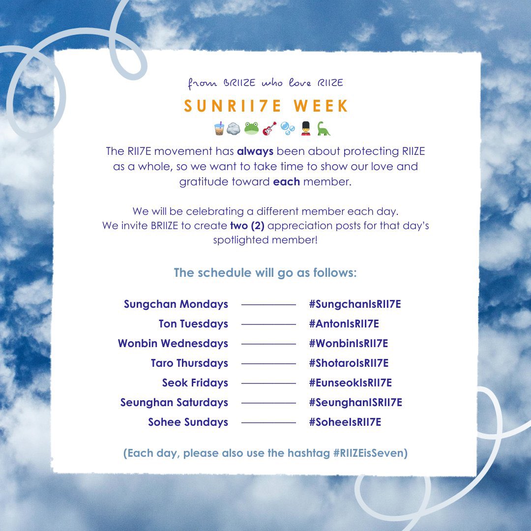 byeolique's tweet photo. [FAN PROJECT] 

From BRIIZE who love RIIZE~

Introducing our upcoming project: SunRII7E Week! 

Please join us in celebrating all 7 members of RIIZE. Spread the word, share the love, and keep RII7ING!

(All SNS platforms welcome!)
#SunRII7EWeek 
#RIIZEisSeven
#BRIIZEWhoLoveRIIZE https://t.co/SaXjuUdwMs