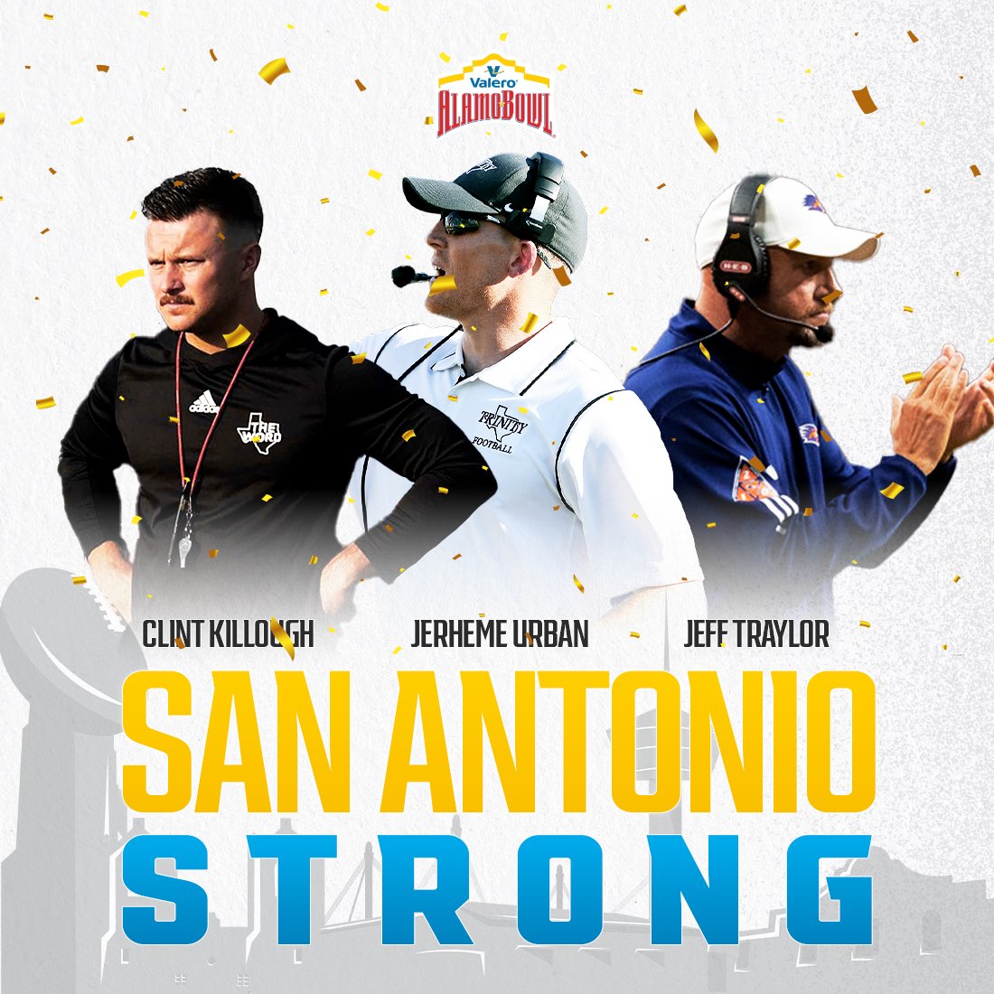 Valero Alamo Bowl (@valeroalamobowl) on Twitter photo A big year in the Alamo City!
<a href="/UIWFootball/">UIW Football</a>: First undefeated conference schedule, playoff bound as <a href="/SouthlandSports/">Southland Conference</a> Champs
<a href="/TUFootballTX/">Trinity University Football</a>: 4th straight year as <a href="/SAA_Sports/">SAA Sports</a> Champs
<a href="/UTSAFTBL/">UTSA Football 🏈</a>: Earned 5th straight bowl trip with yesterday’s 10th straight win at the <a href="/Alamodome/">Alamodome</a> A big year in the Alamo City!
<a href="/UIWFootball/">UIW Football</a>: First undefeated conference schedule, playoff bound as <a href="/SouthlandSports/">Southland Conference</a> Champs
<a href="/TUFootballTX/">Trinity University Football</a>: 4th straight year as <a href="/SAA_Sports/">SAA Sports</a> Champs
<a href="/UTSAFTBL/">UTSA Football 🏈</a>: Earned 5th straight bowl trip with yesterday’s 10th straight win at the <a href="/Alamodome/">Alamodome</a>