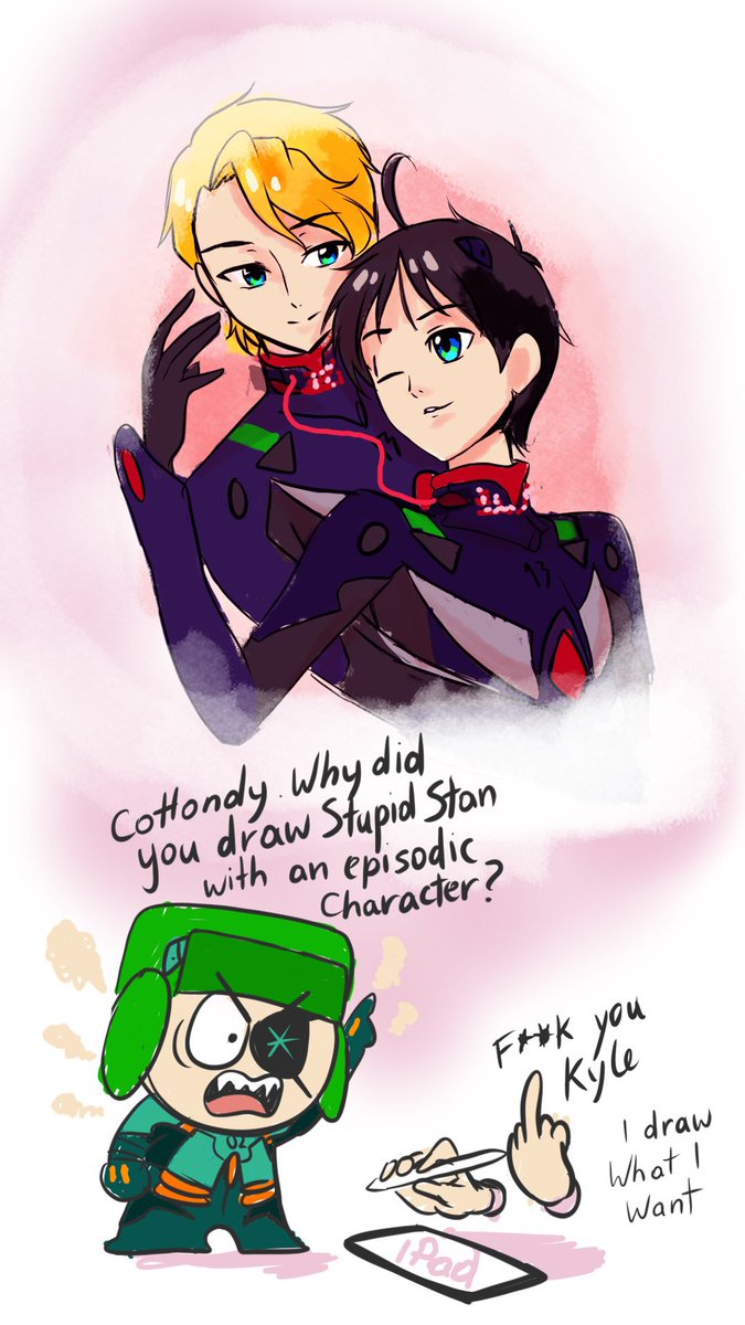 #StaryWeek2024 i dont know what to draw but i have some south park x evangelion pics that fit on day 1 and day 6.
back then i thought of gary and stan as kaworu and shinji.

#spstan #stary #southpark 
i also have some kyman and stenny