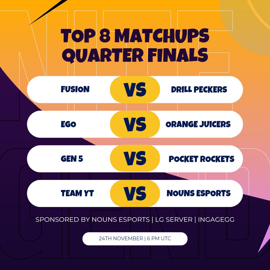 UNITE Legends Showdown | Sponsored By @NounaEsports <a href="/JustDanDesigns/">BlackCH</a> LG Server <a href="/INGAGEGG/">INGAGE</a> 

Top 8 Teams! Quarter Finals Match For 24 November at 6 PM UTC

<a href="/fusionfsgg/">FUSION</a> <a href="/JeanMiDu8109/">Alex</a> <a href="/AnySusUnite/">Anysus</a> <a href="/zugrug/">zugrug</a> @Gen5Officiel <a href="/PocketRockets/">Pocket Rockets</a> <a href="/TeamYTUnite/">TEAM YT</a> @NounsEsports 

#pokemonunite