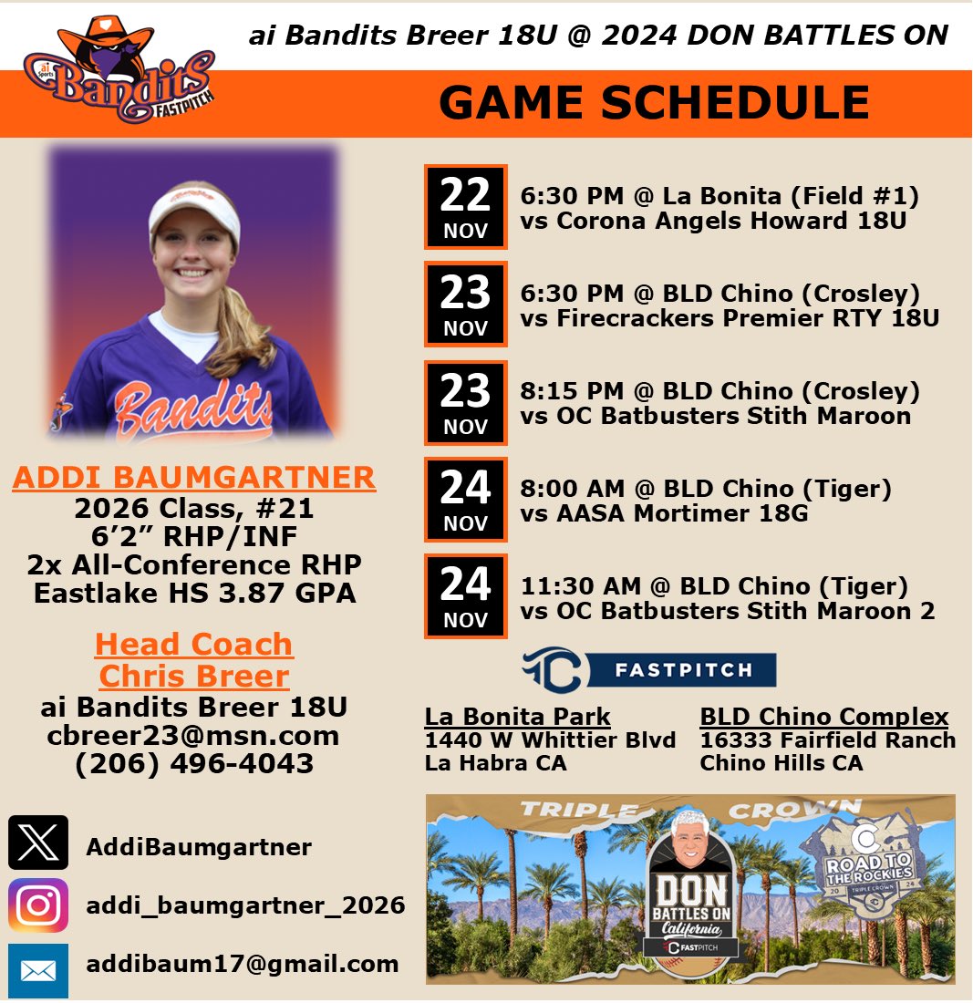 6:30pm tonight @ BLD Chino! #DonBattlesOn #doubleheader <a href="/aibanditsbreer/">ai Bandits Breer</a> LETS GO!!!💜🧡🥎