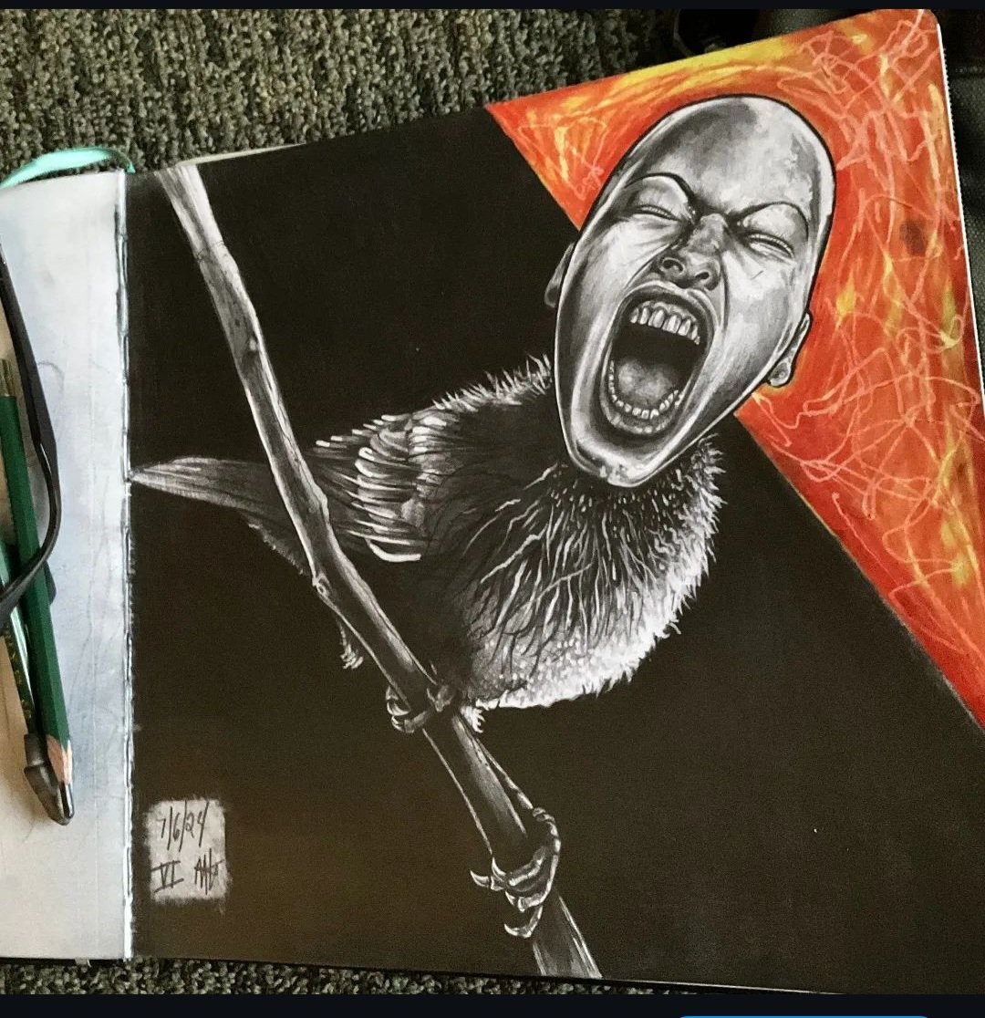MHHolesapple's tweet photo. Wake up! Time is screaming at you. The grind won’t wait. Pencil drawing with a touch of color, a bird-human alarm call to action. Let’s get to work. 🕰️✏️ #Art #Drawing #SurrealArt #ContemporaryArt #PencilDrawing #Surrealism #WorkMotivation #ArtistOnX #ArtInspiration https://t.co/d48TXMv6J8