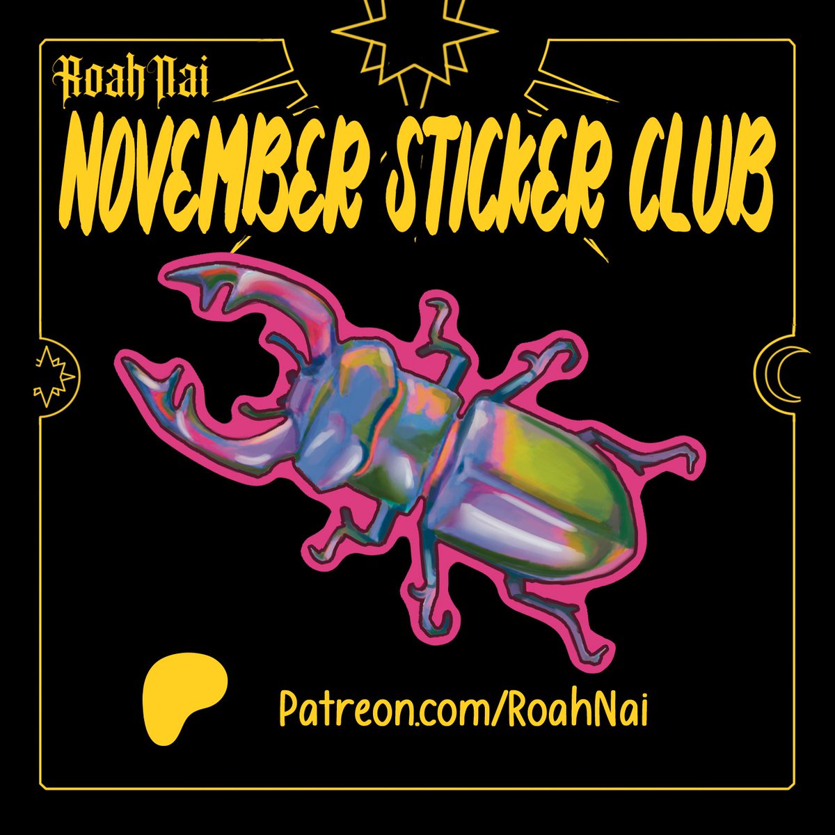 RoahNai's tweet image. The first November Patreon sticker! I've had this guy in the back of my mind for a while.

both stickers have been released on Patreon, but you have to wait a little longer for the second design here.

#patreon #stagbeetle #Cecropiamoth #roahart #roahsticker #stickerclub