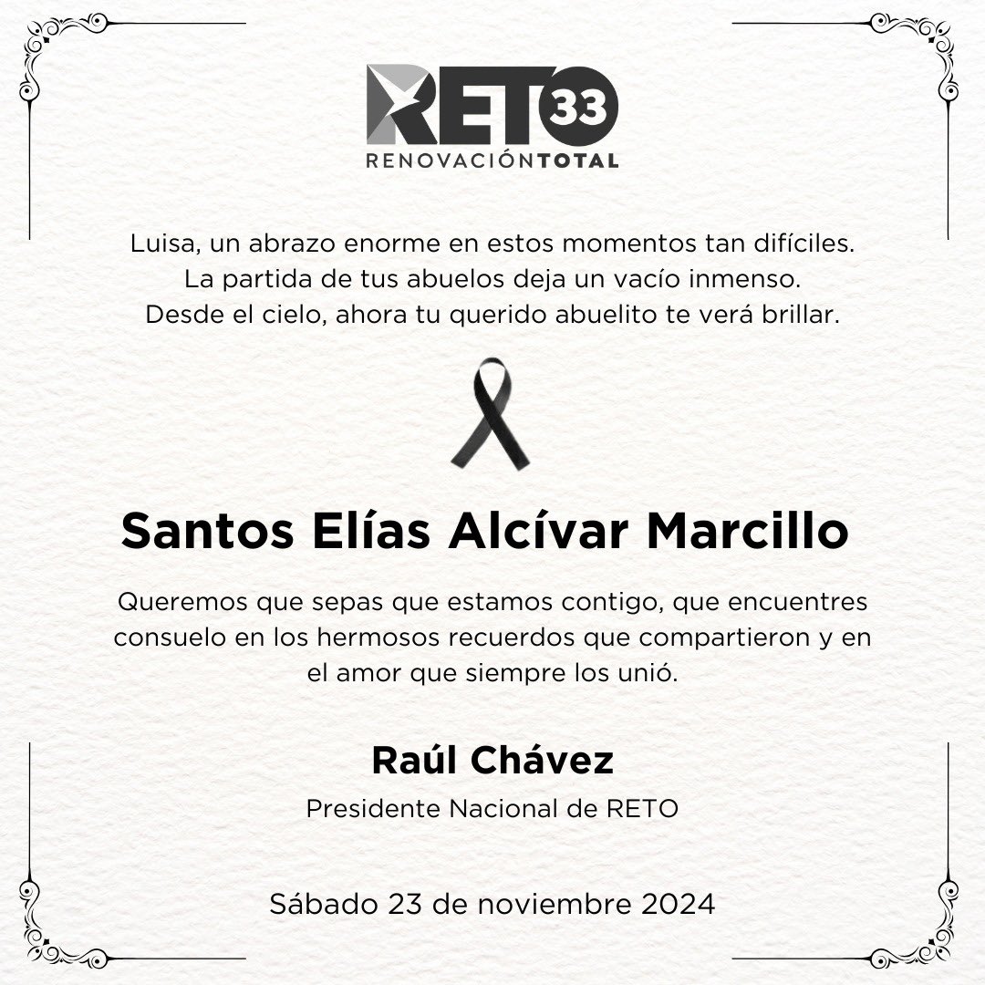 No imagino el dolor que siente su corazón querida <a href="/LuisaGonzalezEc/">Luisa González</a>, perder en cuestión de escasos días a dos seres que la amaron con toda su vida.
La luz eterna que emanan hoy sus abuelitos, la iluminen y acompañen para siempre.

El descanso eterno sea para ellos, en especial