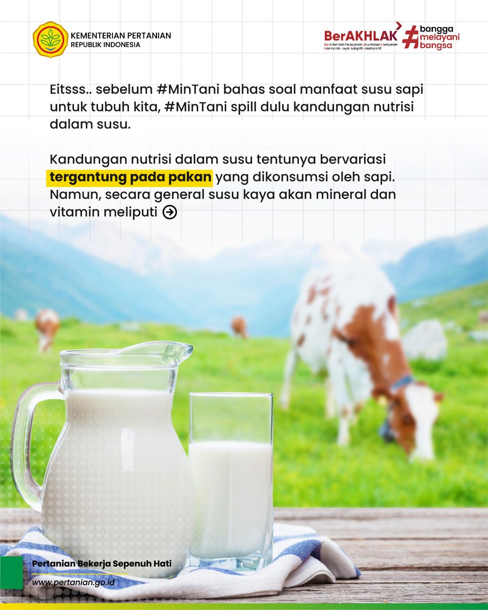 kementan's tweet photo. 1. SobaTani, yuk kenali beragam manfaat susu sapi untuk tubuh!🥛✨
Pastinya sudah tau dong Sob, kalau susu sapi ini sering dikonsumsi karena kaya akan mineral dan vitamin.
#ManfaatSusuSapi
#SusuSapi
#PeternakLokal
#KementerianPertanian https://t.co/vtsTWr7SvU