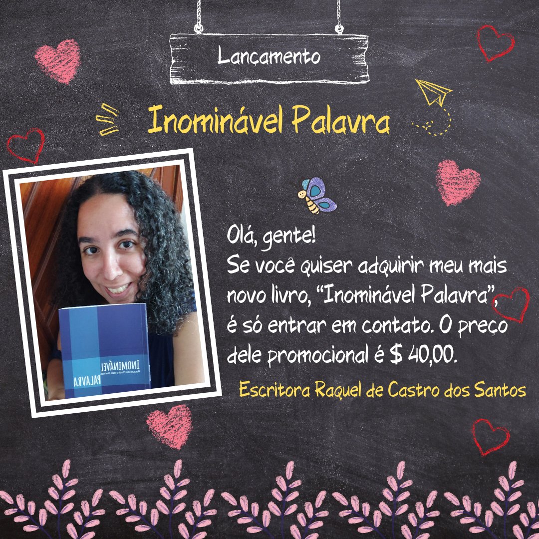 Oi, gente. Meu livro "Inominável Palavra" foi lançado. Quem quiser adquirir seu exemplar é só entrar em contato comigo.