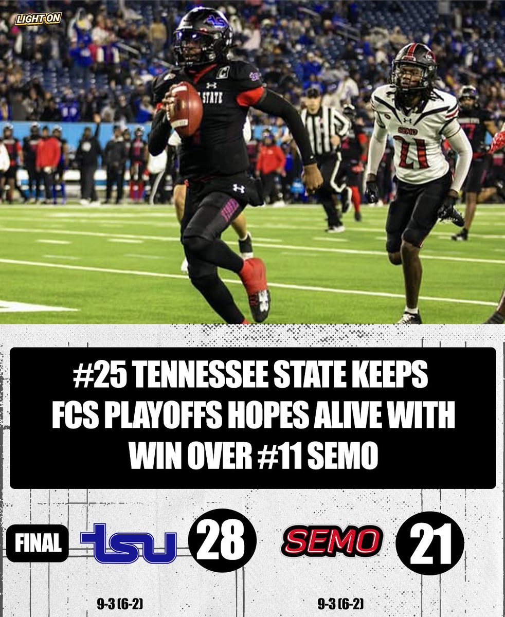 LightOnSports's tweet photo. THE NO. 25 TENNESSEE STATE TIGERS KEEP THEIR FCS PLAYOFFS HOPES ALIVE WITH A 28-21 WIN OVER #11 SEMO! 🐅🔥

#ROARCITY @TSUTigersFB https://t.co/PxfFwvIWvm