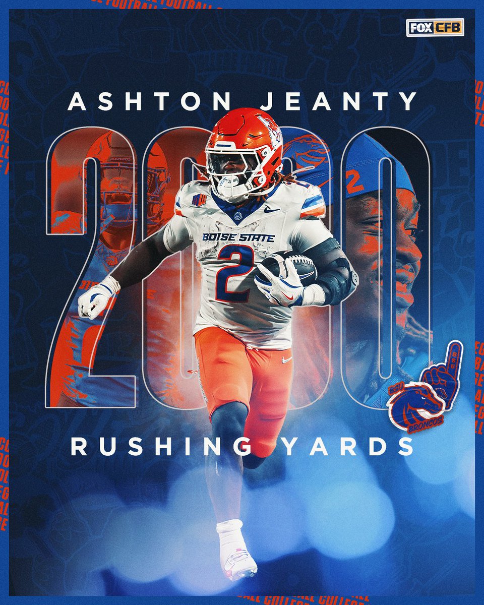 CFBONFOX's tweet photo. 2️⃣0️⃣0️⃣0️⃣

Ashton Jeanty reaches 2,000 rushing yards on the season for @BroncoSportsFB 👏👏 https://t.co/vo9WvCw8PV