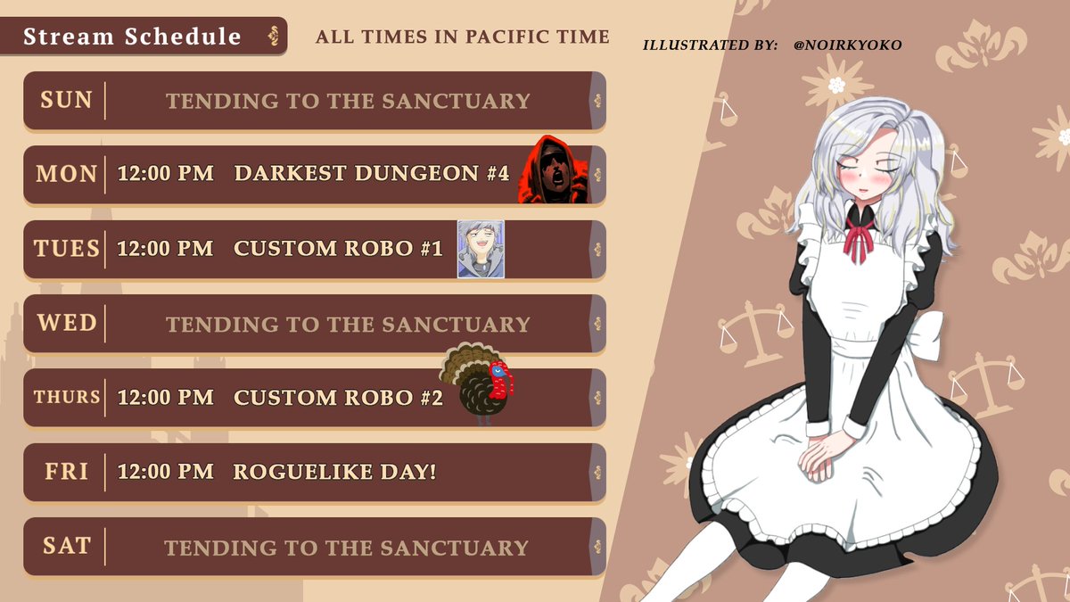 Next week's schedule! Yes I shall be live on Thanksgiving for us to hang out together, since I am thankful for all of thee c: 💛

#vtuber