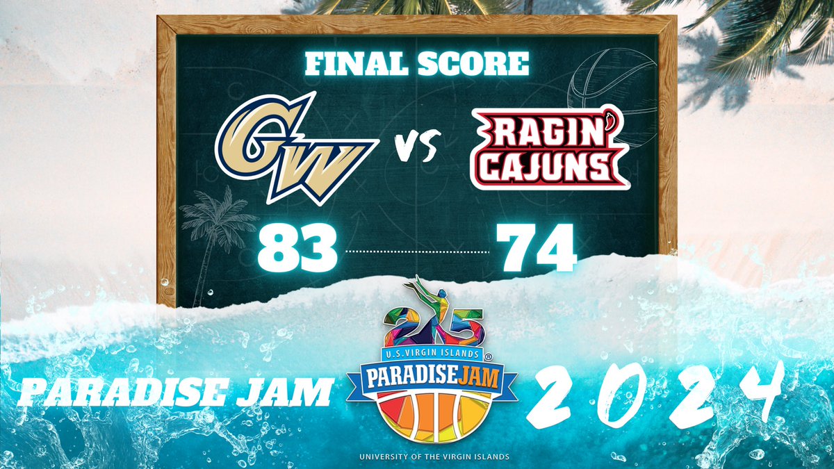 paradisejam's tweet photo. ๐ FINAL SCORE! ๐ย ย
๐@gw_mbb ๐@RaginCajunsMBB
๐ Final Score: @gw_mbb 83 - @RaginCajunsMBB 74ย ย
๐ฌ What was your favorite moment of the game? Let us know below!ย ย
@USVItourism @basketballtravelers #naturallyinrhythm #TimeToJam #ParadiseJam #USVI #UVI #ESPNPLUS https://t.co/aGtOJxSiiL