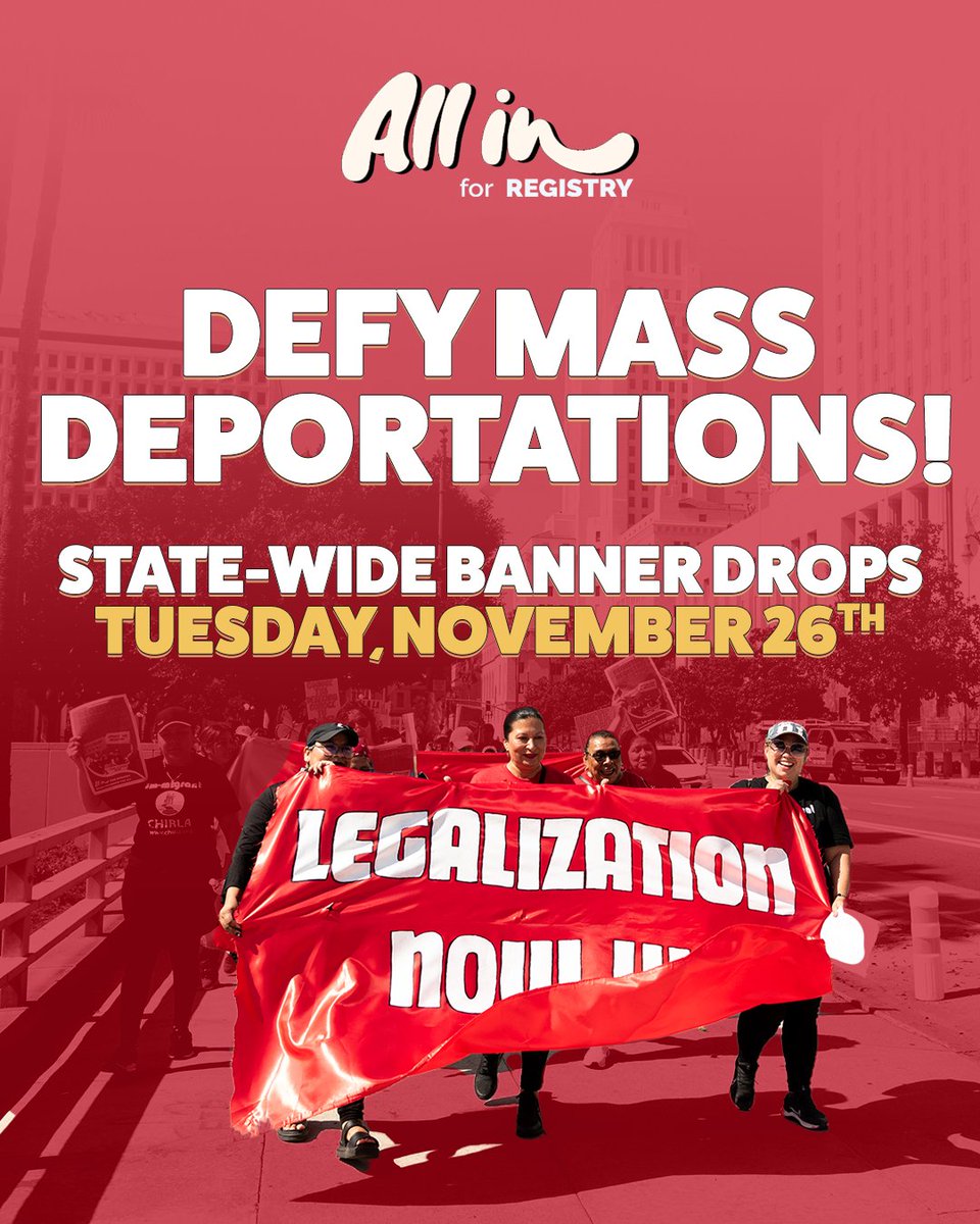 CHIRLA's tweet photo. 🚨 When our immigrant communities are under attack, we fight back! 🗣️✊🏽 Join CHIRLA for a ✨statewide day of action✨ on November 26, 2024, & show up for immigrant justice. Let's make our voices heard! ➡️
#DefyDeportations #UpdateTheRegistry #MassLegalization https://t.co/edl9Do8Tu8