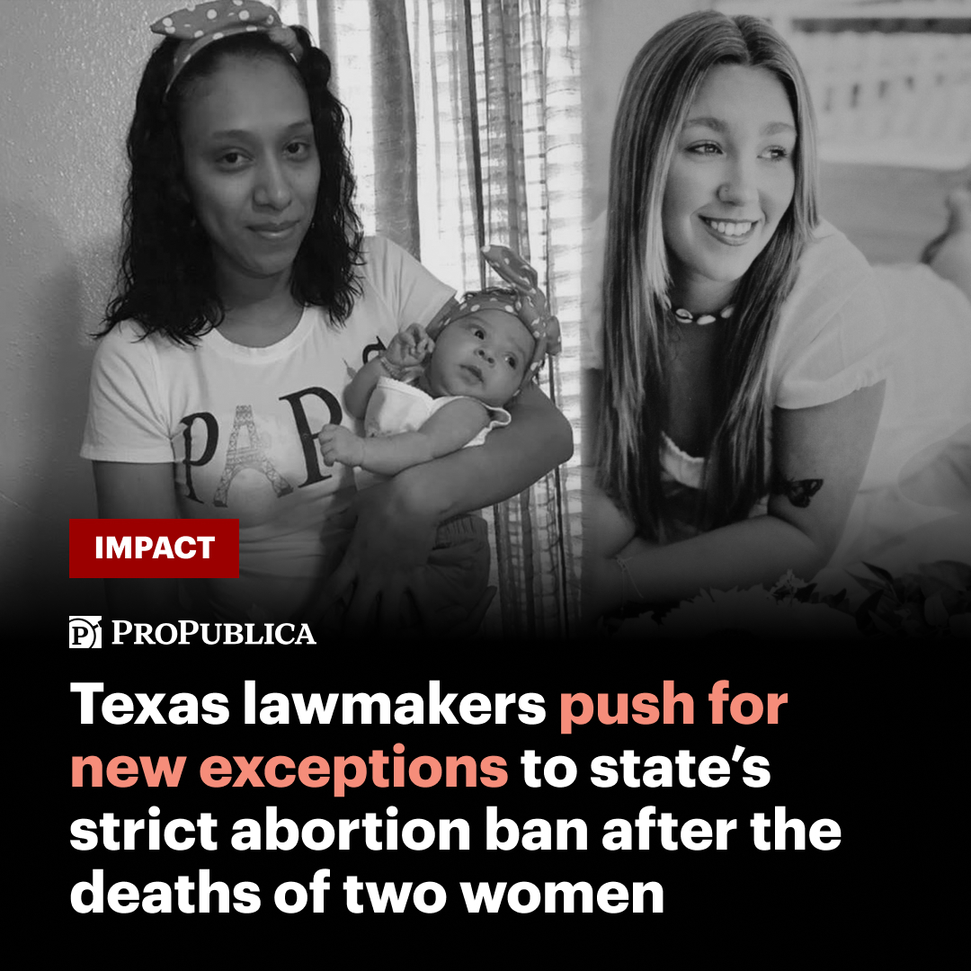 ProPublica recently reported on two women — Josseli Barnica and Nevaeh Crain — who died in Texas after they couldn’t access timely reproductive care.

Now, more than 100 Texas OB-GYNs have signed a letter blaming their deaths on the state’s laws.
propub.li/4hZEiZb
