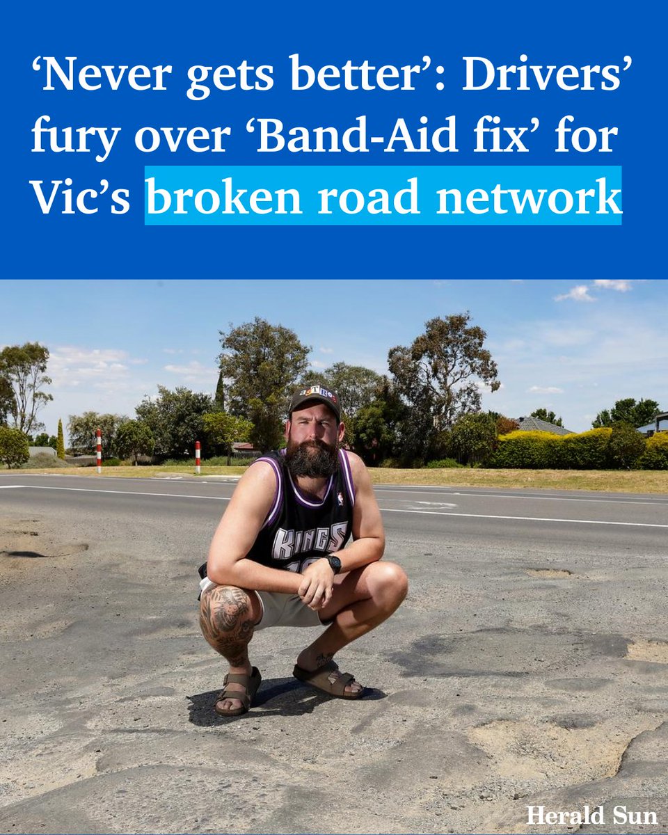 theheraldsun's tweet photo. Victorian commuters have claimed the Allan government has put “people’s lives at risk” with mammoth cuts to resurfacing works, leaving towns plagued with potholes. > https://t.co/uYezbmWpEc https://t.co/6SPdXU6c08