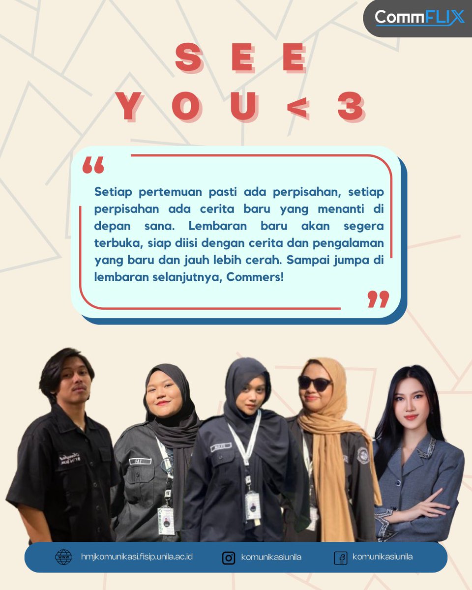 komunikasiunila's tweet image. Hallo Commers‼️🌟

Kita sudah berada di garis finish nih😆
Terima kasih untuk seluruh cerita yang menyenangkan ya. Sampai jumpa di lembaran baru dengan semangat baru dan cerita yang lebih baru🤩

See you again, Commers! 👋🏻

#CommX #CommFLIXSolution #Communila