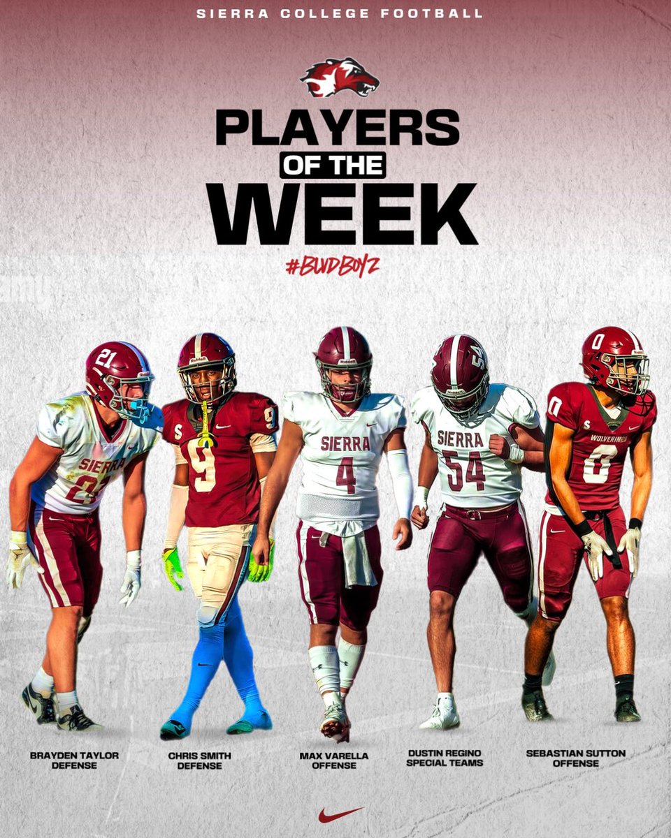 Sierra College Football (@sierracollegefb) on Twitter photo Week 10 POTW‼️
O: QB <a href="/MaddoxVarella/">Maddox Varella</a>
WR <a href="/sebastiansutt18/">sebastian sutton</a>
D: DB <a href="/Brayden_Taylor2/">Brayden Taylor 6’3 215 DB</a>
DB <a href="/Christiensmith5/">Christien smith</a>
ST: LS/LB <a href="/dustin_regino/">Dustin Regino</a>
Great work fellas! 🐺🐾 #WolverineWay #BLVDBoyz Week 10 POTW‼️
O: QB <a href="/MaddoxVarella/">Maddox Varella</a>
WR <a href="/sebastiansutt18/">sebastian sutton</a>
D: DB <a href="/Brayden_Taylor2/">Brayden Taylor 6’3 215 DB</a>
DB <a href="/Christiensmith5/">Christien smith</a>
ST: LS/LB <a href="/dustin_regino/">Dustin Regino</a>
Great work fellas! 🐺🐾 #WolverineWay #BLVDBoyz