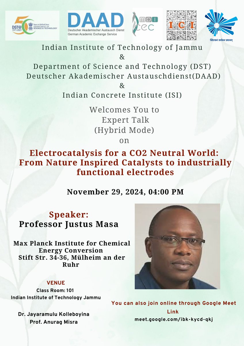 Welcome my dear friend, philosopher <a href="/JustusMasa/">Justus Masa</a>  
As an NEF Fellow, Prof. Masa brings expertise in CO2-neutral energy solutions.
📅 29 Nov 2024 | 4–6 PM
Classroom 101, IIT Jammu and meet.google.com/ibk-kycd-qkj
🔬 Electrocatalysis for a CO2 Neutral World 🌱🔋
@DAAD_India <a href="/IITJammu/">IIT Jammu</a>