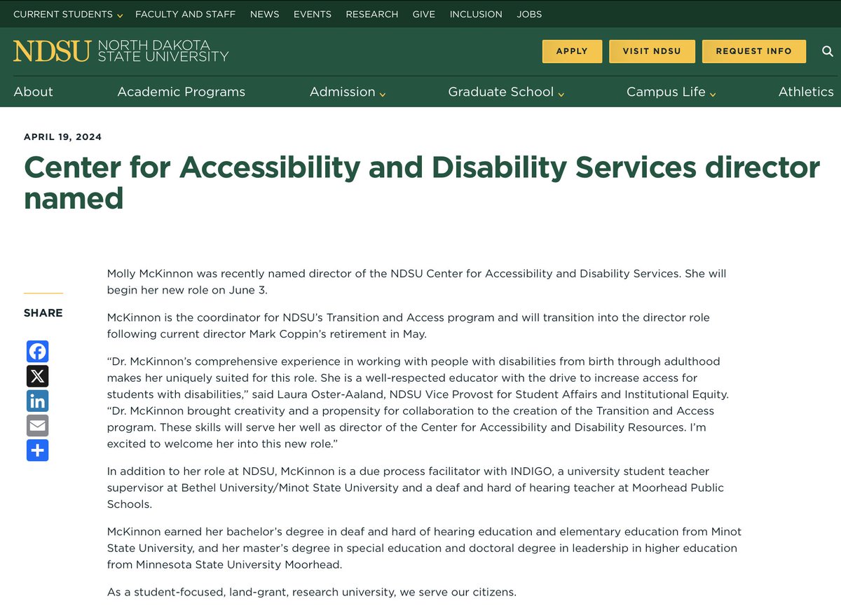 🔴⬛️ Dr. Molly McKinnon (Ed.D. in Educational Leadership, May 2023) was recently named Director of the NDSU Center for Accessibility and Disability Services. 🌟✨🌟Congratulations Molly, we are very proud of you! 🔥🐉🔥