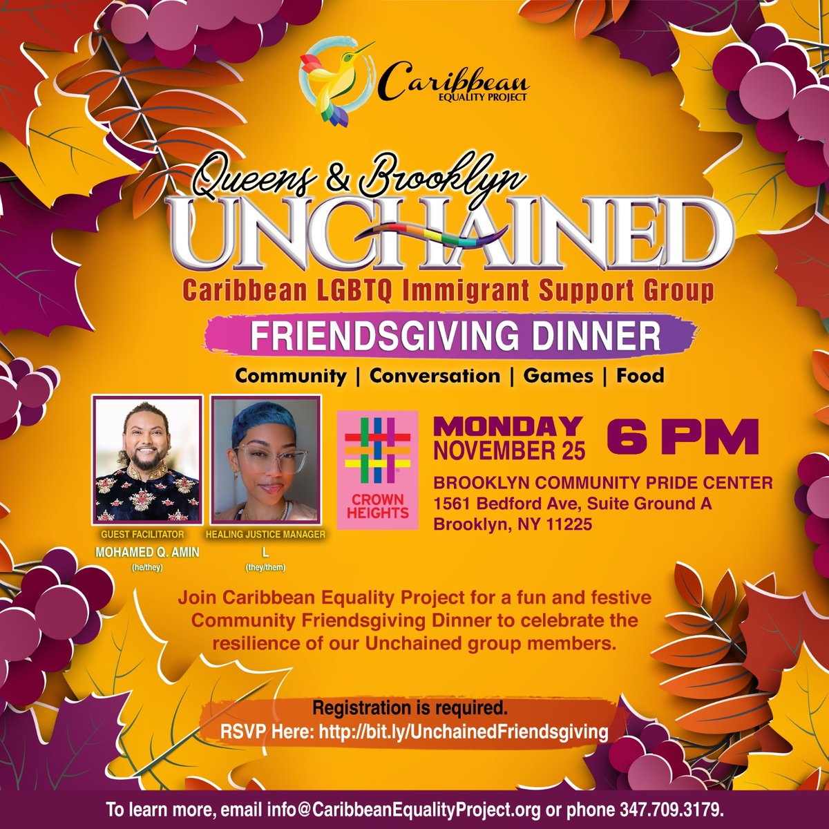 🍁Friendsgiving is about inclusion, healing &amp; community. It’s open to all. Join us‼️

🫂Community Friendsgiving Dinner

⏰11/25/24 @6PM

🗺️ BK PRIDE Cntr. 1561 Bedford Ave Ste. Ground A BK NY 11225

📱RSVP: bit.ly/UnchainedFrien…


💁🏿‍♀️ Bring a friend or 2!