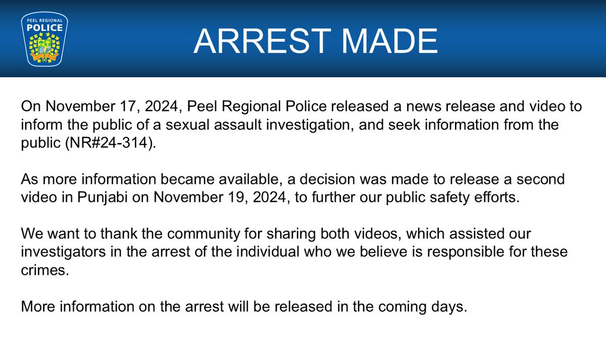 The individual believed to be responsible for violent sexual assaults has been arrested. We thank the public for sharing the video released in multiple languages. More information will be released soon. For original release: peelpolice.ca/Modules/News/i… .