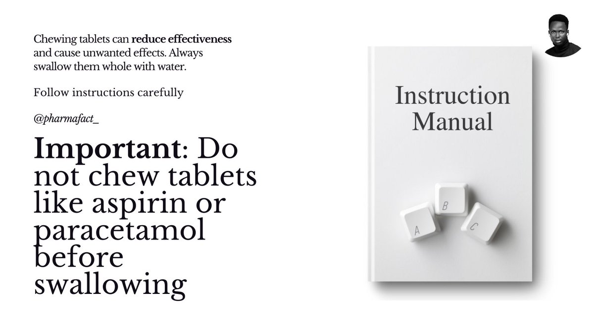 ekeyi_'s tweet photo. Chewing tablets like aspirin or paracetamol might seem harmless, but it can actually harm your teeth. Over time, this habit can erode your enamel—the protective layer of your teeth. Here’s why and what to do instead! ⬇️
#PharmaFact #MedicationTips https://t.co/o624U5w1F8