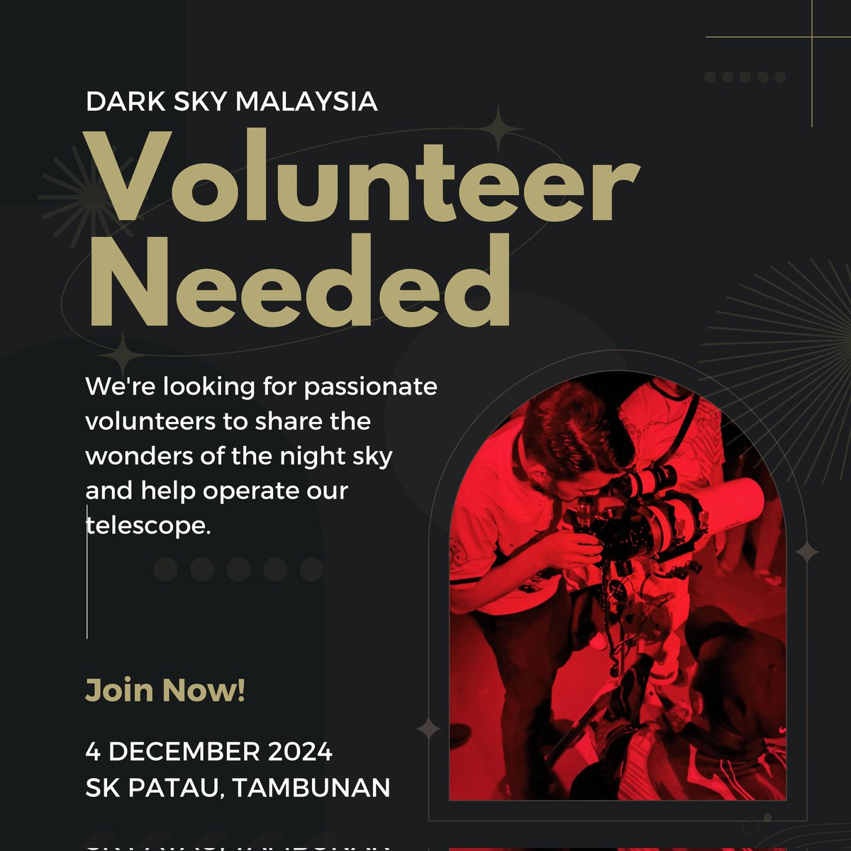 🌟 Volunteers Needed! 🌟
Help us showcase the night sky and assist with telescope operation!
🔭 No experience needed—just bring your enthusiasm!
📩 Sign up or get more info via WhatsApp: +60138992787