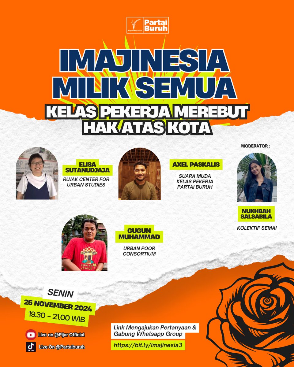EXCOPARTAIBURUH's tweet photo. Datang Kembali Program IMAJINESIA#3💥; Sebwah anjuran ketika bimbang menyerang~
datang dengan semangat blayer-blayer muda-mudi jarang pulang!
IMAJINESIA #SiapSedia menemani harimu yang gitu-gitu aja fren; kali ini wasweswos tentang Kelas Pekerja Merebut Hak Atas Kota; Pedoman serangan balikmu menghantam oligarki tambang dan ekstrimis kanan⚡
Kami juga membuka keterlibatan aktif muda-mudi urban sampai imigran✈️ untuk mengiringi perkembangan agenda kami selanjutnya; Malu bertanya bimbang di kost-an. gabung grup dan kirim pertanyaan di sini https://t.co/uVMUKpW0uD
*kolom pertanyaan dan grup juga bisa digunakan untuk curhat masalah kamu fren, kamu ga sendirian; hantam sama-sama masalah struktural!
Tanpa banyak fafifu lagi, silahkan nikmati sebwah mahakarya dari anak magang~
Senin, 25 November 2024 - Live di Youtube @Pijar Official PB dan TikTok @PartaiBuruh