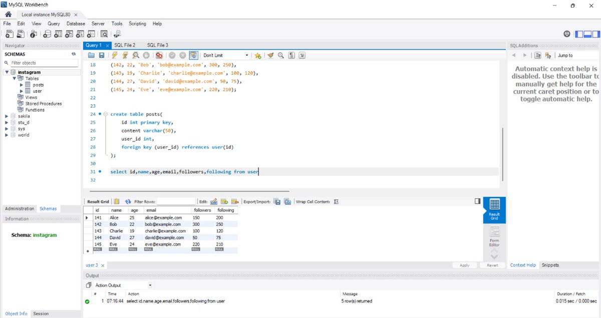 Raj_rRaushan's tweet image. "Super excited to start my journey into databases! 🎉 Created my first MySQL database for an Instagram-like app, complete with users and posts tables. Learning step by step. 🚀
#MySQL #DatabaseLearning #Tech
"Here’s a screenshot of my database schema and data in MySQL Workbench!