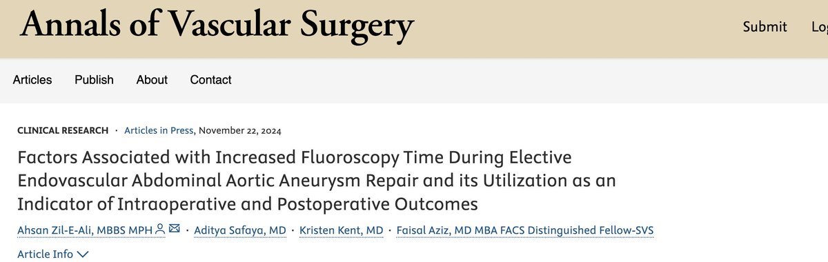 Penn State VSORT's latest publication examines the relationship between fluoroscopy time (FT) and outcomes in endovascular aortic repair (EVAR) for abdominal aortic aneurysms (AAA).