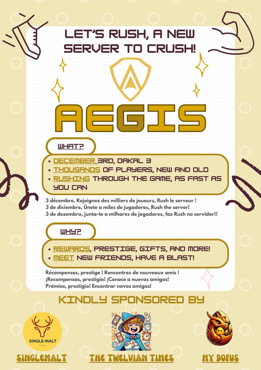 Let's RUSH, a new server to CRUSH!
This 3rd of Dec, the international community is #TeamAegis in Dakal 3.

Headquarters of the rush for Voicechat and more: discord.gg/singlemaltdofus 🥃😎