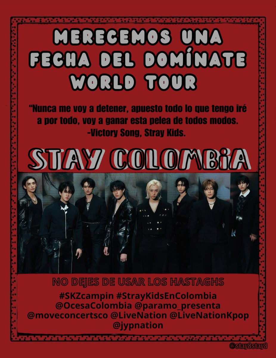 No nos rendiremos hasta tener nuestra fecha en Colombia, nos lo merecemos 🙏🏻

#SKZcampin 
#StrayKidsEnColombia
<a href="/OcesaColombia/">Ocesa Colombia</a> <a href="/paramo_presenta/">Páramo Presenta</a> <a href="/moveconcertsco/">Move Concerts Colombia</a> <a href="/LiveNation/">Live Nation</a> <a href="/LiveNationKpop/">Live Nation Kpop</a> <a href="/jypnation/">JYPnation</a> <a href="/petrogustavo/">Gustavo Petro</a> <a href="/los40colombia/">LOS40 Colombia</a> <a href="/OlimpicaStereo/">Olimpica Stereo</a> <a href="/LaMega/">La Mega</a>