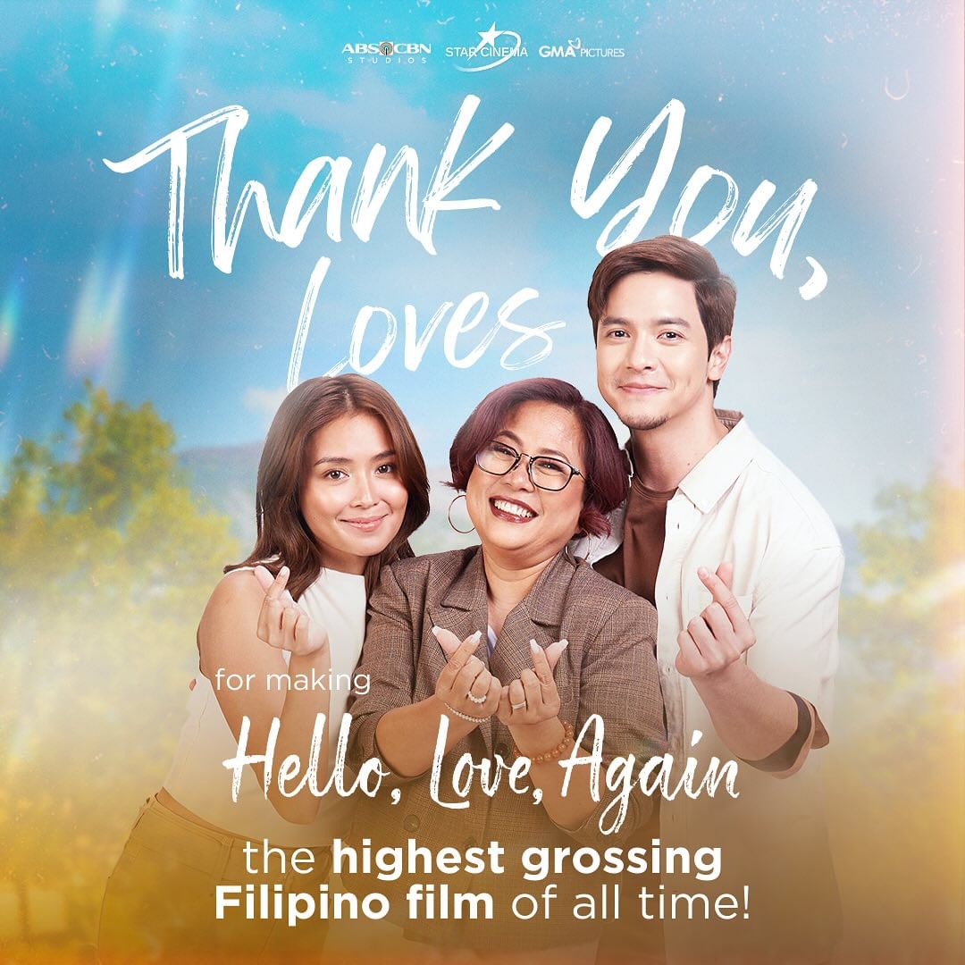 As of November 23, "Hello, Love, Again" has grossed Php1.06 billion, making it the first Filipino movie to surpass one billion pesos at the worldwide box office, according to ABS CBN Films. 

📸Courtesy: Star Cinema

Related report: abs-cbn.com/entertainment/…