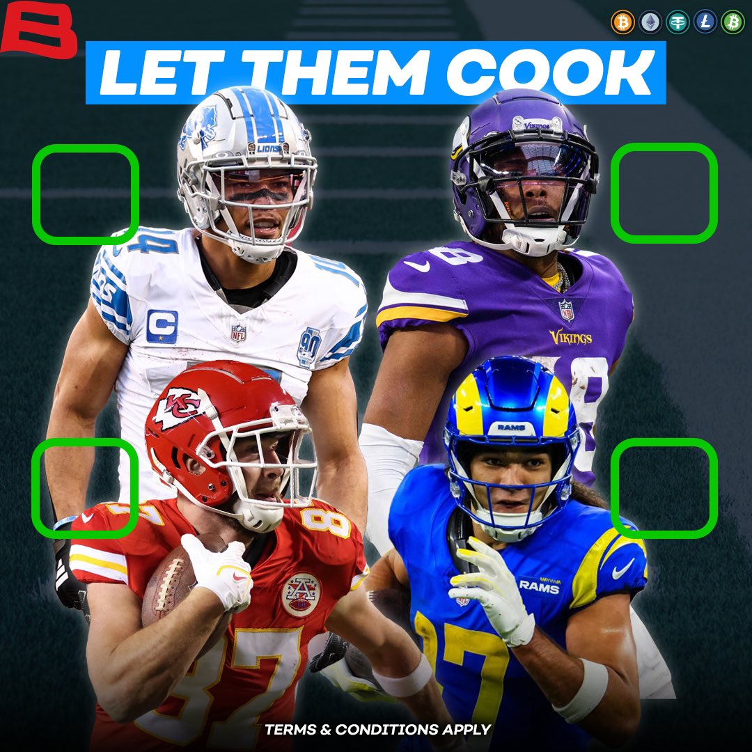 BovadaOfficial's tweet photo. For each of these 4 players that scores a TD tomorrow, we’ll give 1 person in the replies a $100 bonus! 🤑🏈

Follow us, repost and reply 👇 who your 🔒 to score a Sunday TD is to enter! https://t.co/hvK8PROuhP