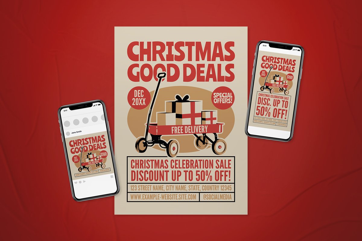Check out 'Christmas Good Deals Flyer Set' at <a href="/CreativeMarket/">Creative Market</a> -> crmrkt.com/elk1GP #winterseason #salesale #flyerdesign #boldtypography #holidaypromo #festivevibes #cleanlayout #seasonaldeals #vibrantdesign #winterdeals #cart #illustration #gift #box #christmas2024 #sale