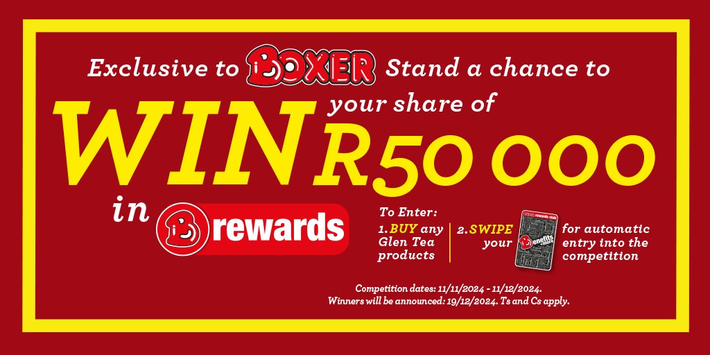 BoxerStores's tweet photo. YOU CAN WIN your share of R50 000 in B Rewards when you buy any Glen Tea products at Boxer and swipe your Boxer Rewards Club Card for automatic entry into the competition. Ends 11th December 2024! What is your favourite Glen Tea product? #boxerstores #glentea #winwithboxer https://t.co/RVWIyBIMWZ