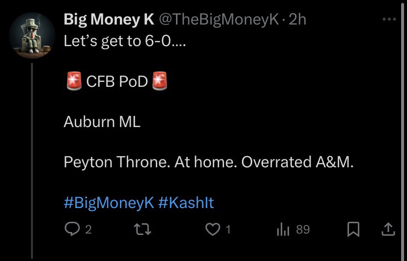 TheBigMoneyK's tweet photo. Russian Hackers may be trying to delete my tweets, but the Big Money Klan always prevails!
Auburn ML ✅ hits to move to 6-0 lifetime !!
Original tweet was deleted by hackers but luckily we have a screenshot - let’s keep winning together Big Money Klan!
#BigMoneyK #KashIt https://t.co/7Xk6dyndWt