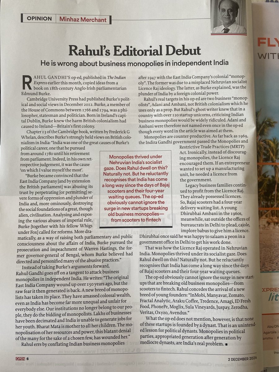 MinhazMerchant's tweet photo. In an op-ed in ⁦@IndianExpress⁩ ⁦@RahulGandhi⁩ slammed business monopolies. But the real monopolies are in politics.

India’s startup founders aren’t dynasts. Political bosses are the real monopolists—mum, son &amp; daughter in parliament.

My ⁦@Openthemag⁩
column https://t.co/8w3mYMFKrO