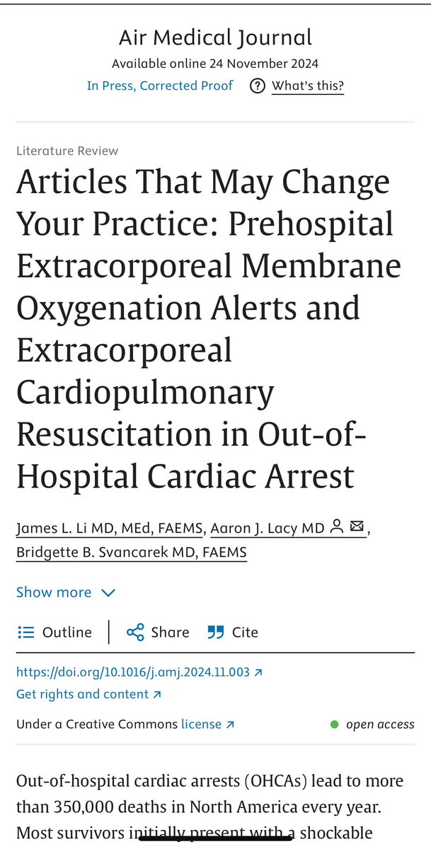 A topic I am particularly passionate about.  Prehospital ECMO activation in cardiac arrest.  ❤️🚑

Articles That May Change Your Practice: Prehospital Extracorporeal Mem... sciencedirect.com/science/articl…