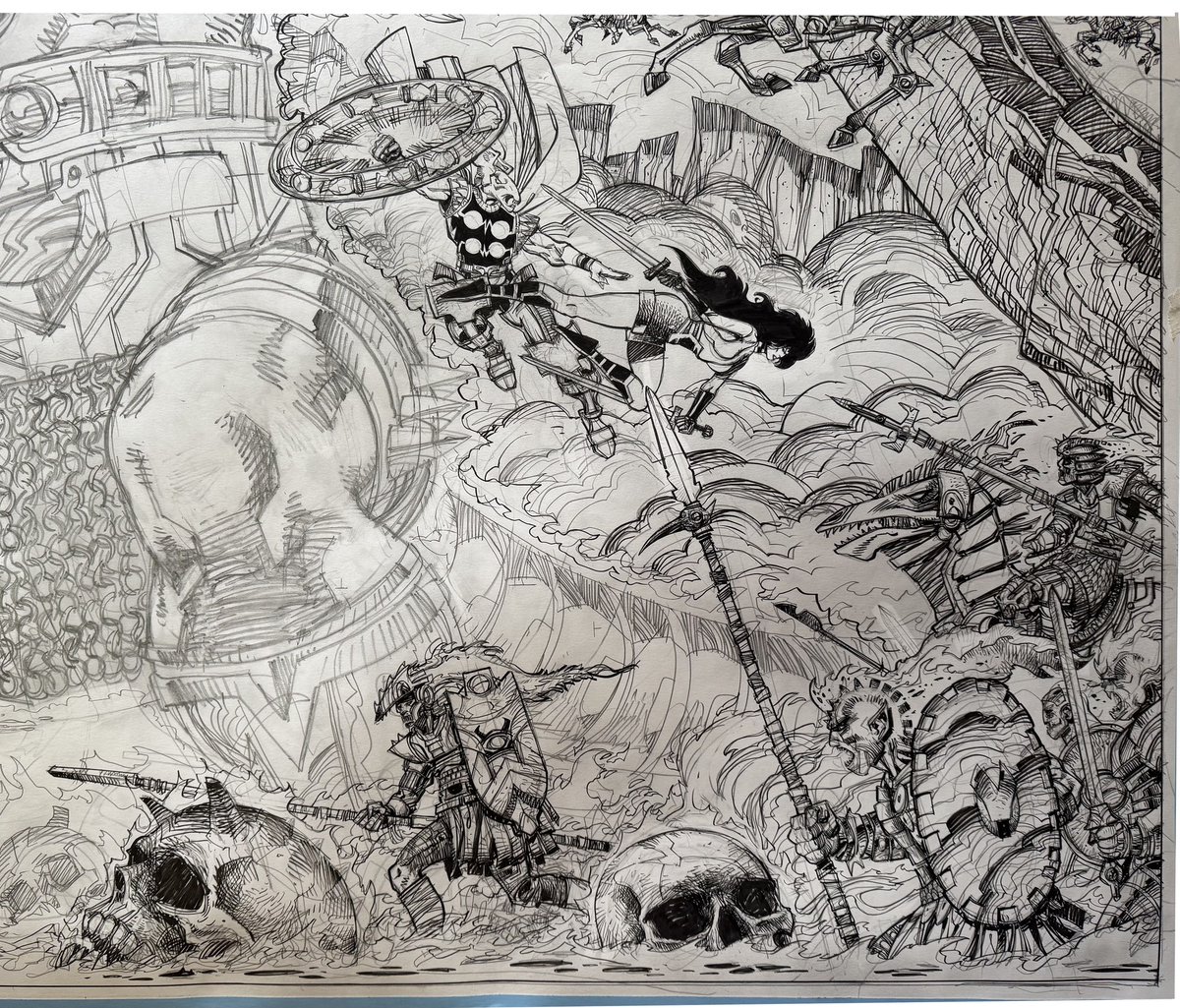 Beta Ray Bill and Sif, another demon, clouds of smoke, and a pair of skulls. Tombow calligraphy pens. 28 x 24. 2024.