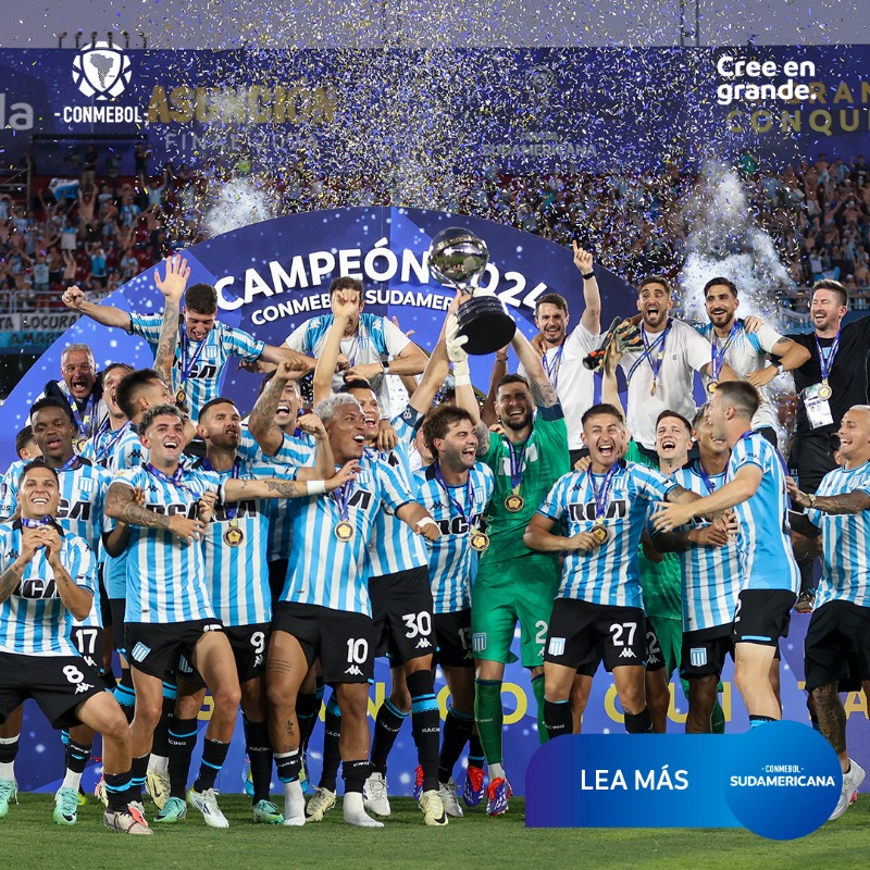 CONMEBOL's tweet photo. Racing Club levanta la CONMEBOL @Sudamericana 2024 👏🏆

#CreeEnGrande | #LaGranConquista
