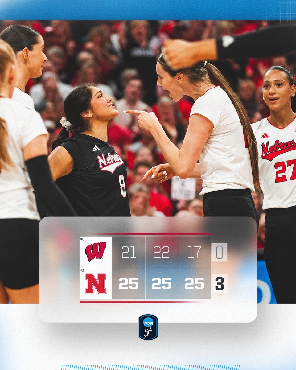 NCAAVolleyball's tweet image. THE HUSKERS SWEEP THE BADGERS 🧹🧹🧹

No. 2 @HuskerVB gets the W over No. 6 Wisconsin in three sets!

#NCAAWVB