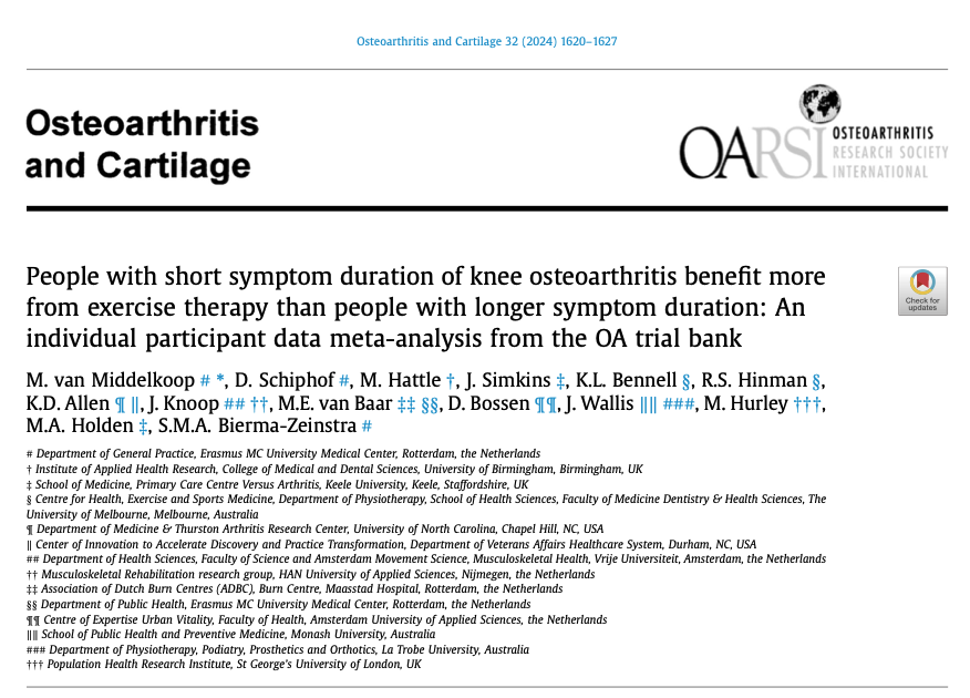 OACJournal's tweet image. 🎄 New in this month&apos;s @OACJournal 

🤔Which subset of knee #osteoarthritis patients would benefit the most from #exercisetherapy?

🤩 Those with shorter symptom duration!

🆓from Middelkoop @dschiphof @JoannaSimkins @KimBennell @HinmanRana @KelliAllenPhD tinyurl.com/c7wpw75x