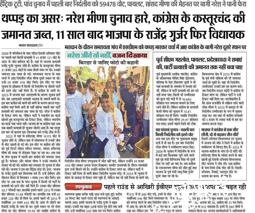 नरेश मीणा की ताकत का अंदाज़ भारतीय जनता पार्टी और कांग्रेस दोनों नहीं लगा पाई थी जिसका फायदा सीधा बीजेपी को मिल गया कांग्रेस को हराने में कांग्रेस के लोगों का ही हाथ है