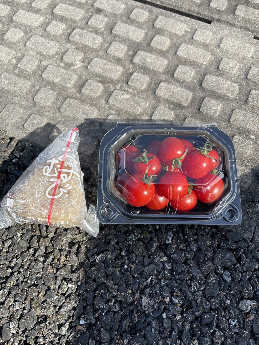HiroCff14's tweet photo. 第6AS 印南町役場
おにぎりとプチトマト
トマト沢山食べ切れるかな😅

第5～6まで気持ち良い追い風であっという間だった
 #HUB24 https://t.co/KzR61K1weZ