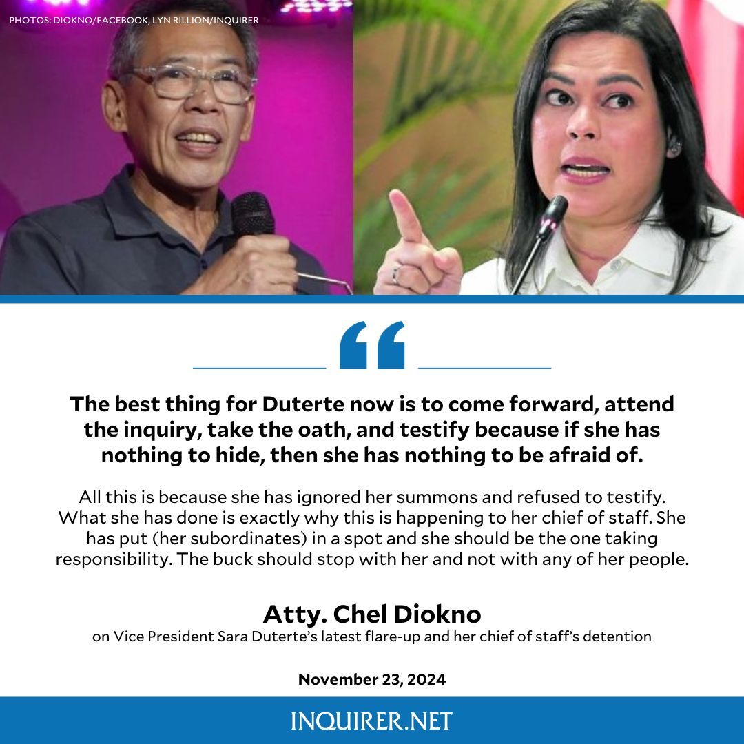 inquirerdotnet's tweet photo. ‘SHE SHOULD BE THE ONE TAKING RESPONSIBILITY’

Human rights lawyer Chel Diokno shares his thoughts on Vice President Sara Duterte’s latest tirade and the House detention of her chief of staff, Zuleika Lopez, who was later moved to a hospital due to a panic attack.

READ MORE: https://t.co/zrnjZVoMOc