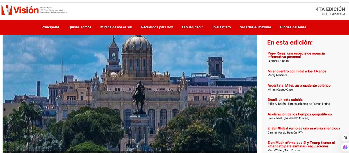 No te pierdas el nuevo número de la Revista Digital Visión. Trae interesantes artículos sobre los últimos acontecimietos de Cuba y el Mundo.
Mírala en: vision.cubaperiodistas.cu