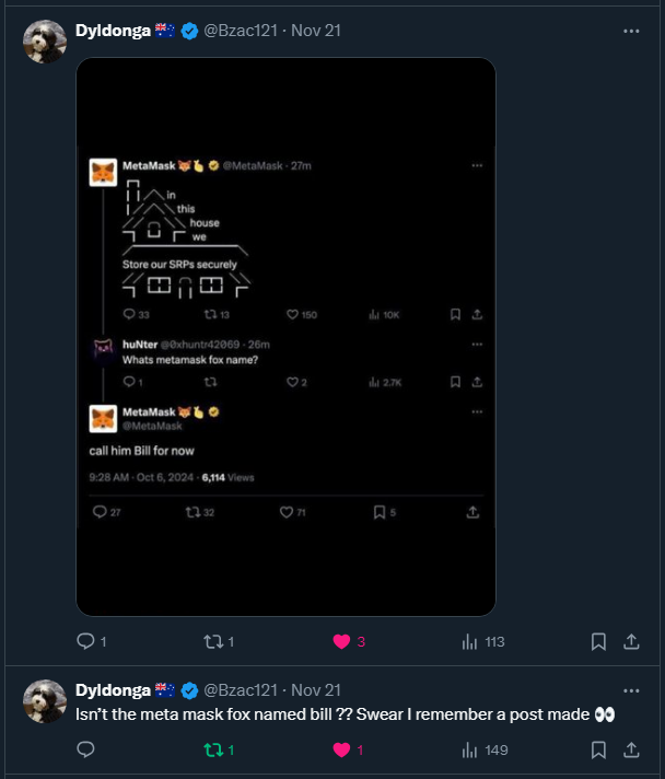 MetaMaskFoxBill's tweet photo. 🕵️People will start noticing and learning about the tweet. They will discover how Historically important and beautiful that tweet actually was🥹🤩😱

🦊 $Bill is a celebration🥳 and a tribute🫡 to the MetaMask Fox... @beeple https://t.co/25H3NDxZNU